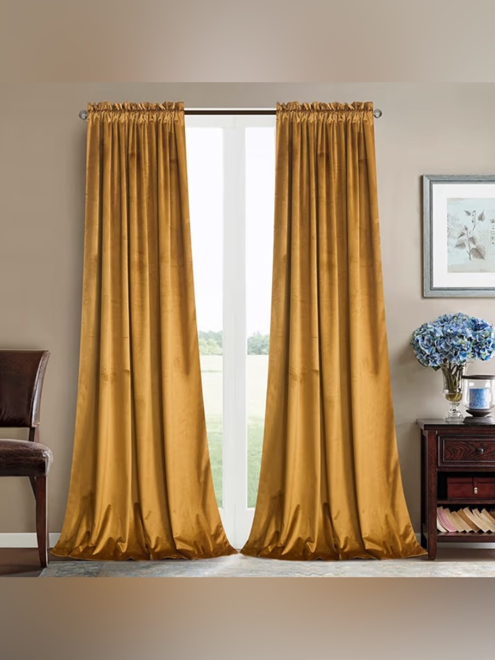 RoslynWood Gold Velvet Rod-Pocket Curtains -
